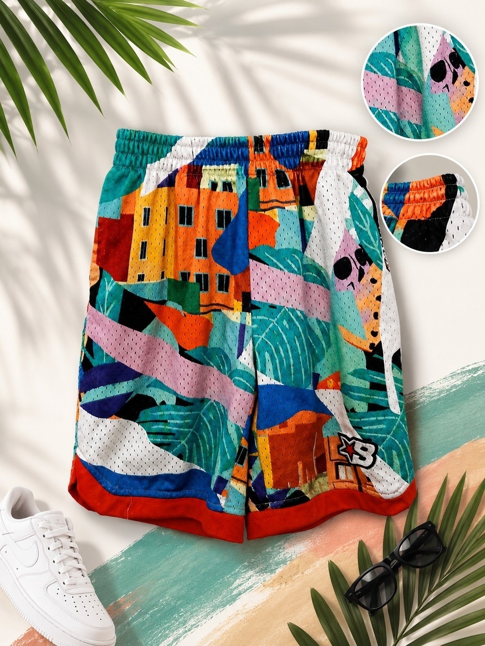 Abstract Mesh Shorts with Elastic Waist